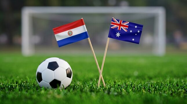 Football with Paraguay and Australia Flags on Green Field with Goal in Background
