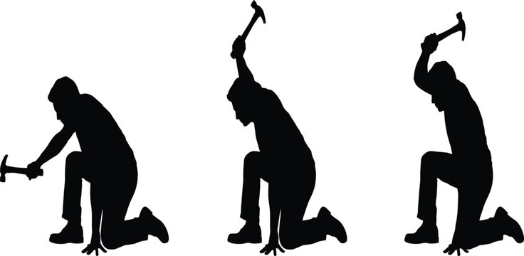 Kneeling construction worker silhouettes hitting with a hammer carpenter or handyman repairing floor isolated vectors on white background
