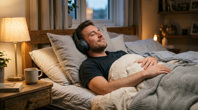 Man relaxing in bed while listening to music with headphones and cozy blanket, enjoying peaceful moment in intimate bedroom setting. Listening to music helps unwind after a long day,