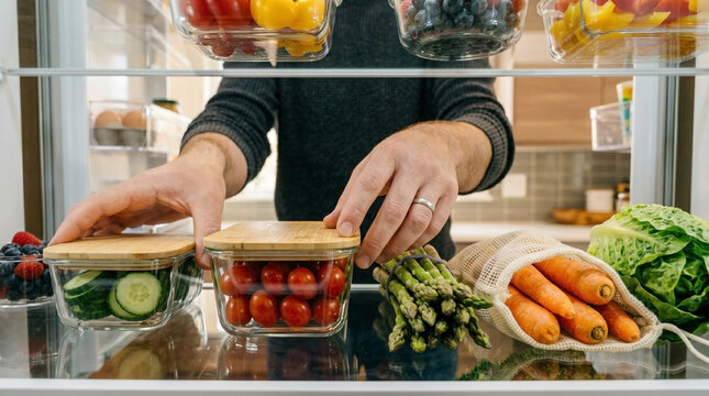 Man organizing fridge shelves with fresh vegetables and fruits in clear containers. Man carefully arranges healthy produce including cucumbers, tomatoes, carrots, and leafy greens for better storage.