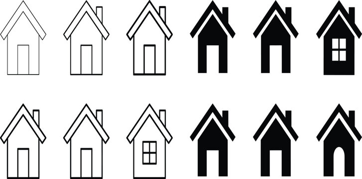 House icon set featuring home web buttons building shapes and real estate line symbols isolated on a white background