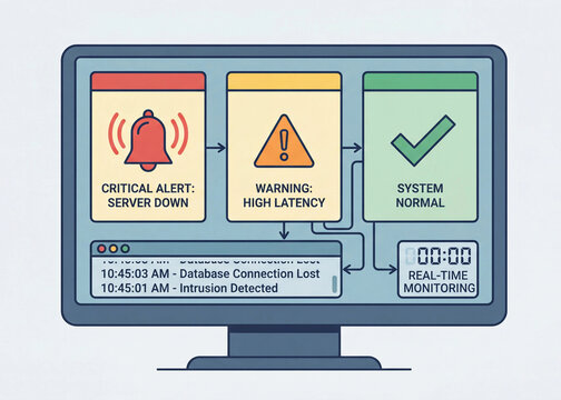 System monitoring and alert management workflow showing critical server failures warning states and normal operations with real time logging and automated detection for IT infrastructure