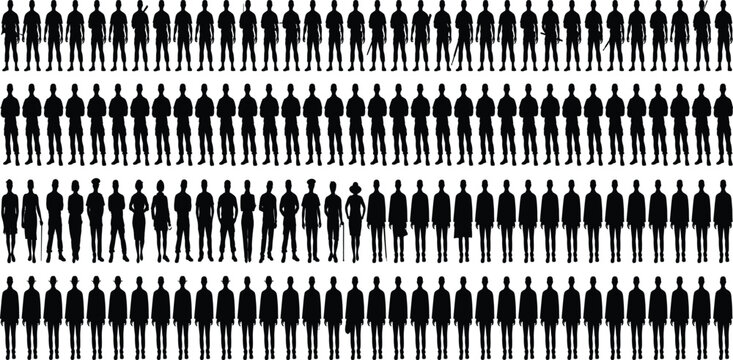 Massive crowd silhouettes collection featuring standing soldiers security officers and diverse people icons isolated vectors for community and population concepts