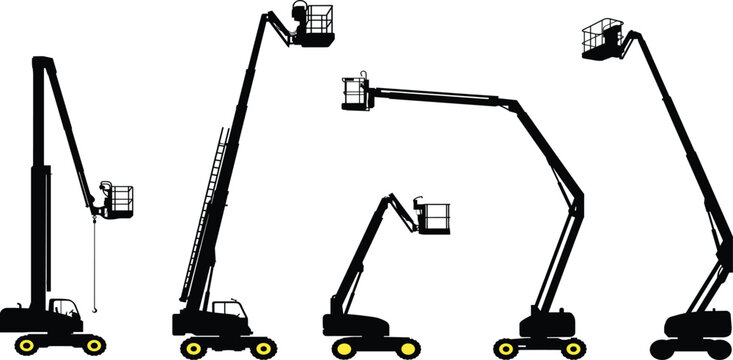Boom lift and cherry picker silhouettes collection featuring telescopic aerial work platforms and cranes isolated vectors for industrial construction projects