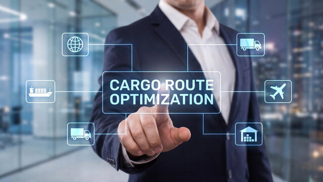 Cargo route optimization concept for multimodal freight logistics management integrating global shipping trucking warehousing and air transport networks for efficient delivery