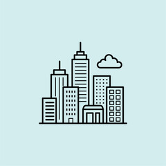 Obraz premium Minimalist isometric line art icon of eco city buildings with foliage. Clean outline symbol for smart urban planning and sustainable green living