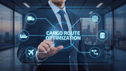Fototapeta premium Cargo route optimization digital platform for coordinating multimodal freight transport including sea air road and data management for efficient global supply chain operations