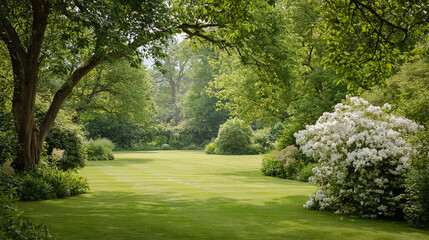 Obraz premium Lush green lawn stretching through a serene park, surrounded by vibrant trees and flowering bushes providing a peaceful escape