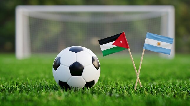 Soccer ball and flags of Jordan and Argentina on a green field with goal net
