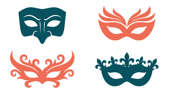 A collection of four decorative masquerade masks on white background