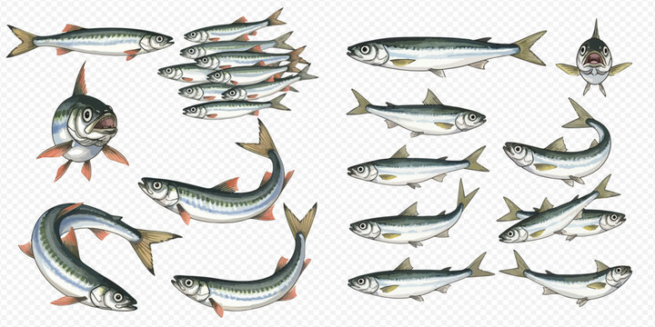 Set of various fish illustrations, including different species and poses, isolated on a transparent background.