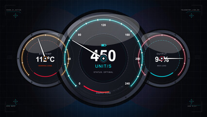 Fototapeta premium Dark telemetry dashboard with three neon circular gauges, system temperature warning, output load meter and central unit display in vector style