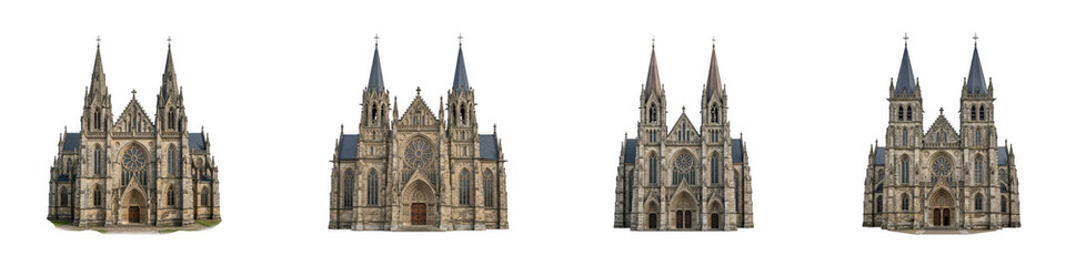 Fototapeta premium Collection of four identical gothic cathedral building exteriors as PNG isolated on transparent background
