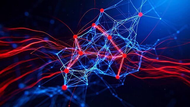 Complex network structure with red nodes and blue lines on dark background