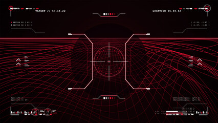 Futuristic vector targeting HUD interface with red wireframe terrain grid, crosshair reticle, location data labels and dark sci fi display © Антон Сальников