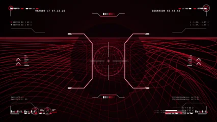 Fototapeten Schwarz Futuristic vector targeting HUD interface with red wireframe terrain grid, crosshair reticle, location data labels and dark sci fi display  © Антон Сальников