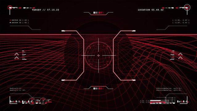 Futuristic vector targeting HUD interface with red wireframe terrain grid, crosshair reticle, location data labels and dark sci fi display