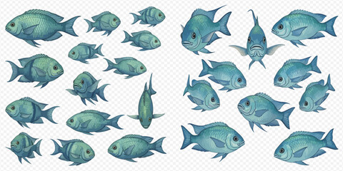 Obraz premium Set of various blue fish illustrations, depicting different angles and sizes of aquatic creatures, isolated on a transparent background.