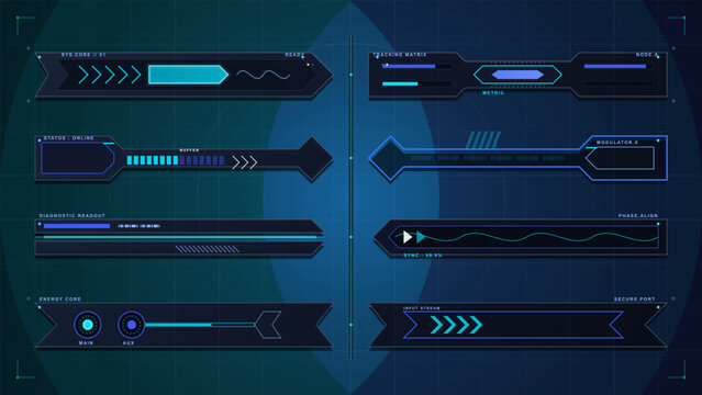 Futuristic HUD interface panel set with neon blue progress bars, data readouts, arrows and grid elements on a dark tech background design