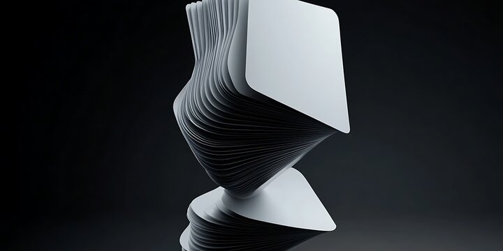 Abstract stack of layered white cards in motion against dark background.