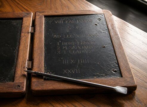 Professional high-contrast photograph of an ancient Roman wax tablet with Latin inscriptions and metal stylus. Antique medieval writing tabula on wooden background.