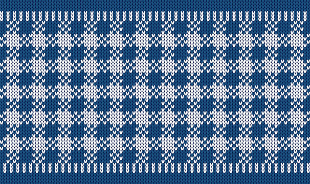 Wrapping blue knitted checkered print. Christmas seamless pattern. Geometric ornament. New year abstract knit plaid texture. Vector illustration. Holiday festive background.