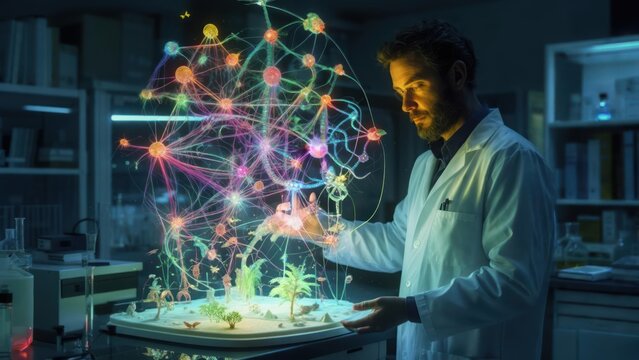 Scientist interacts with holographic ecosystem in lab
