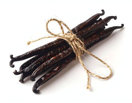 A bundle of fresh dark brown vanilla beans tied with thin rustic rope isolated on a plain white studio background