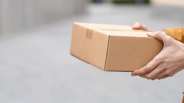 Closeup of two people exchanging a small brown cardboard box package outdoors with hands visible in casual jacket sleeves on blurred background