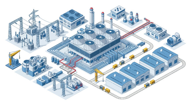 Isometric illustration of a modern industrial manufacturing factory plant complex.