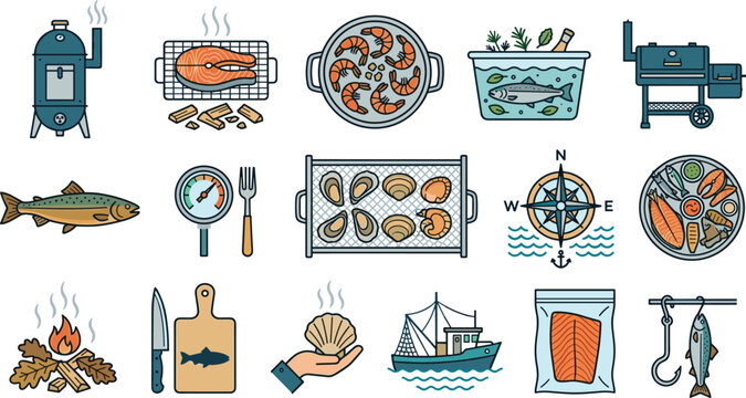 Seafood barbecue and grilled fish vector icon set featuring salmon fillets shrimp platters oysters smoker grills fishing boats and outdoor cooking equipment