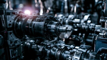 Fototapeta premium A detailed close up of industrial metal hinery components catching dramatic light and creating a strong technical mood