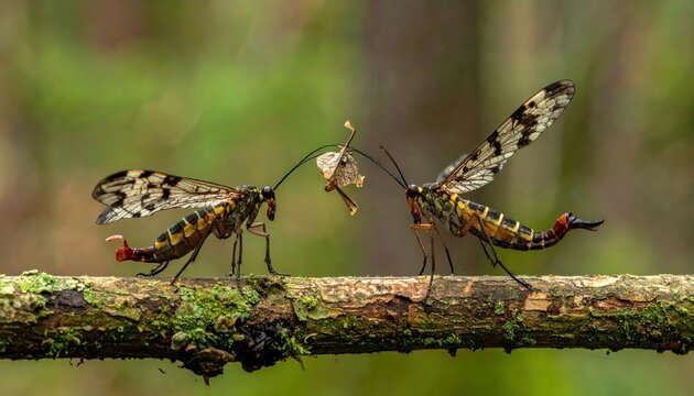 Two Scorpionflies Engaging in Courtship Rituals on a Mossy Branch Amidst Lush Greenery