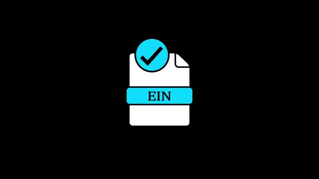 Minimalist animation of an EIN (Employer Identification Number) document file icon with a checkmark, representing tax registration, verification, success, and official business document approval.