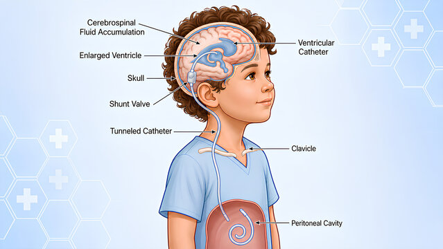 Pediatric medical diagram of hydrocephalus shunt system showing ventricular catheter and peritoneal valve pathway