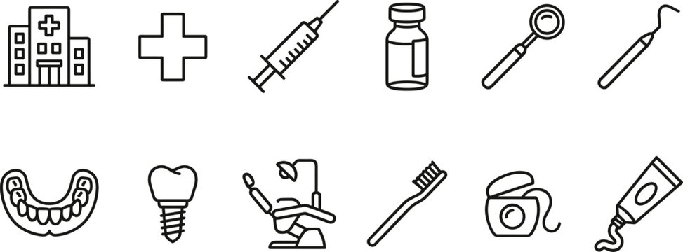 Dental care and medical clinic line icon set with teeth implant oral hygiene tools and hospital elements