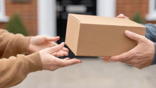 Close-up of two people exchanging a plain cardboard box outdoors during daytime with blurred background of house facade and greenery