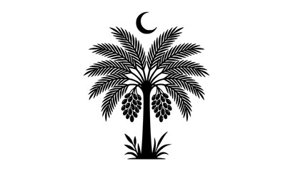 Fototapeta premium Date Palm Tree Outline Vector with Crescent Moon and Hanging Fruit Illustration