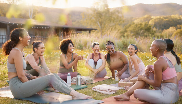 Diverse women practice functional athletic training with wearable biohacking technology in an outdoor fitness community.