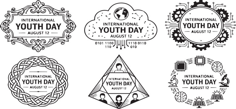 International Youth Day August 12 badge bundle, creative typography emblem set with vintage ornament, technology cloud computing, gears, and science icons isolated on a white background