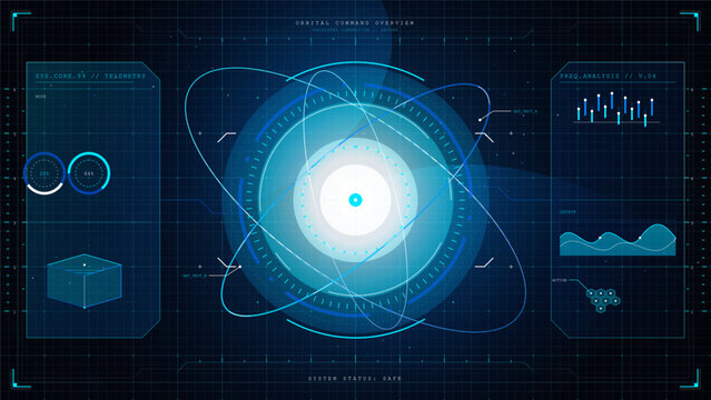 Dark orbital command HUD with glowing planet core, satellite orbit paths, telemetry gauges, grid panels and analysis charts in vector style