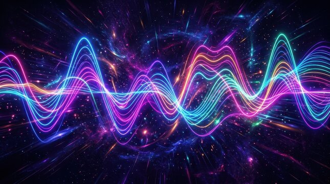 Vibrant Neon Soundwave Energy Flow in Abstract Cosmic Space