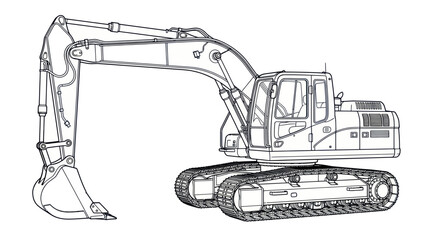 Excavator Line Drawing: Heavy Construction Equipment on White Background © purnama