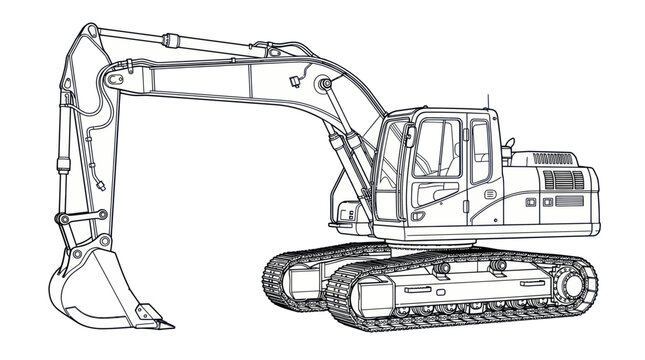 Excavator Line Drawing: Heavy Construction Equipment on White Background