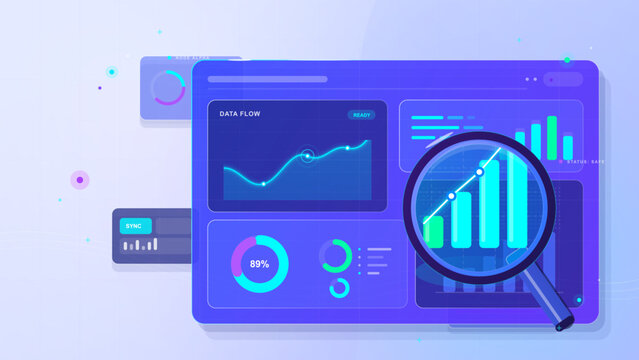 Modern purple analytics dashboard with magnifying glass over rising bar chart, data flow line graph and circular progress widgets on light grid