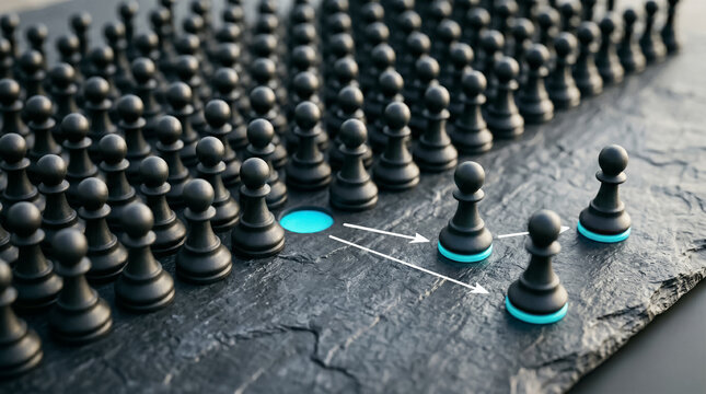 Company turnover and employee replacement concept with black chess pawns and arrows.