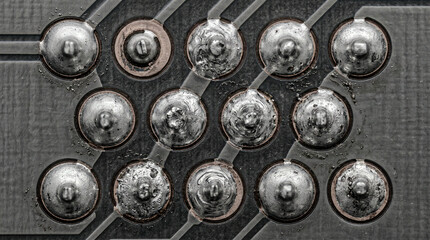 Fototapeta premium PCB solder joints top view dome crater copper pad pewter, mono circuit macro