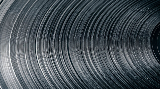 Vinyl record groove spiral raking light, groove modulation dust slate grey macro
