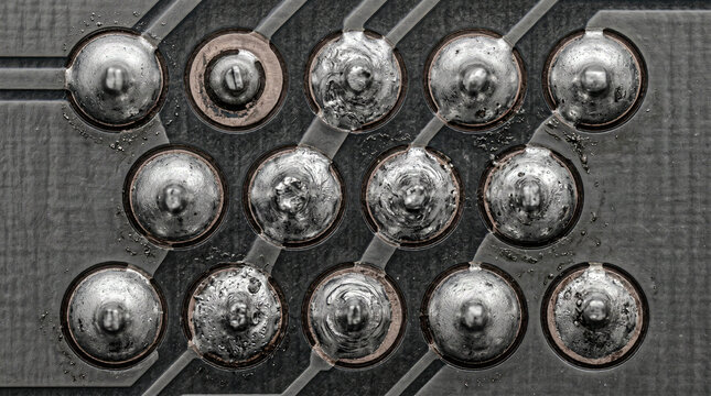 PCB solder joints top view dome crater copper pad pewter, mono circuit macro