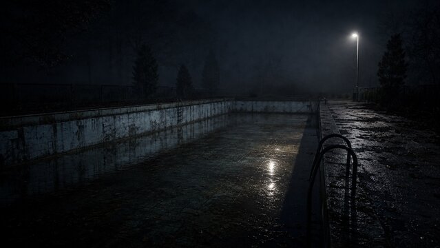 Abandoned Empty Swimming Pool at Night